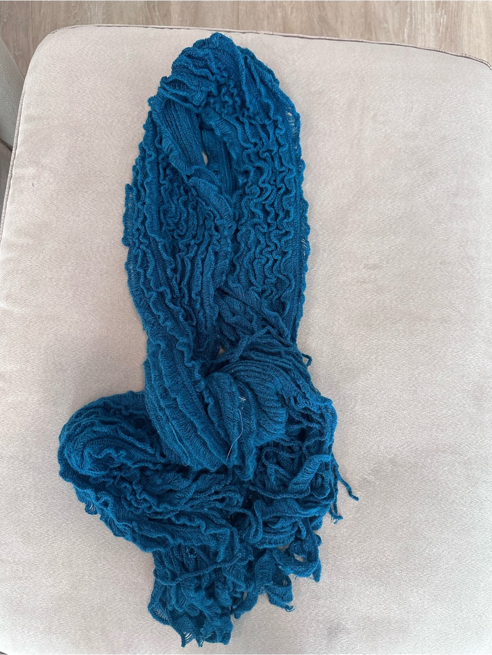 Teal Turquoise Ruffle Knit Scarf Textured Curly Synthetic 76”